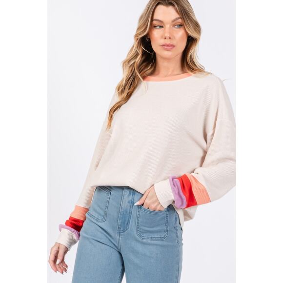 SAGE + FIG Color Block Raglan Sleeves Crew Neckline Waffle Knit T-Shirt | Sand - Picture 4 of 6